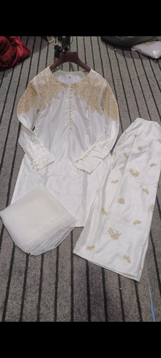Embroidered linen suit set 3 pcs with chiffon supata