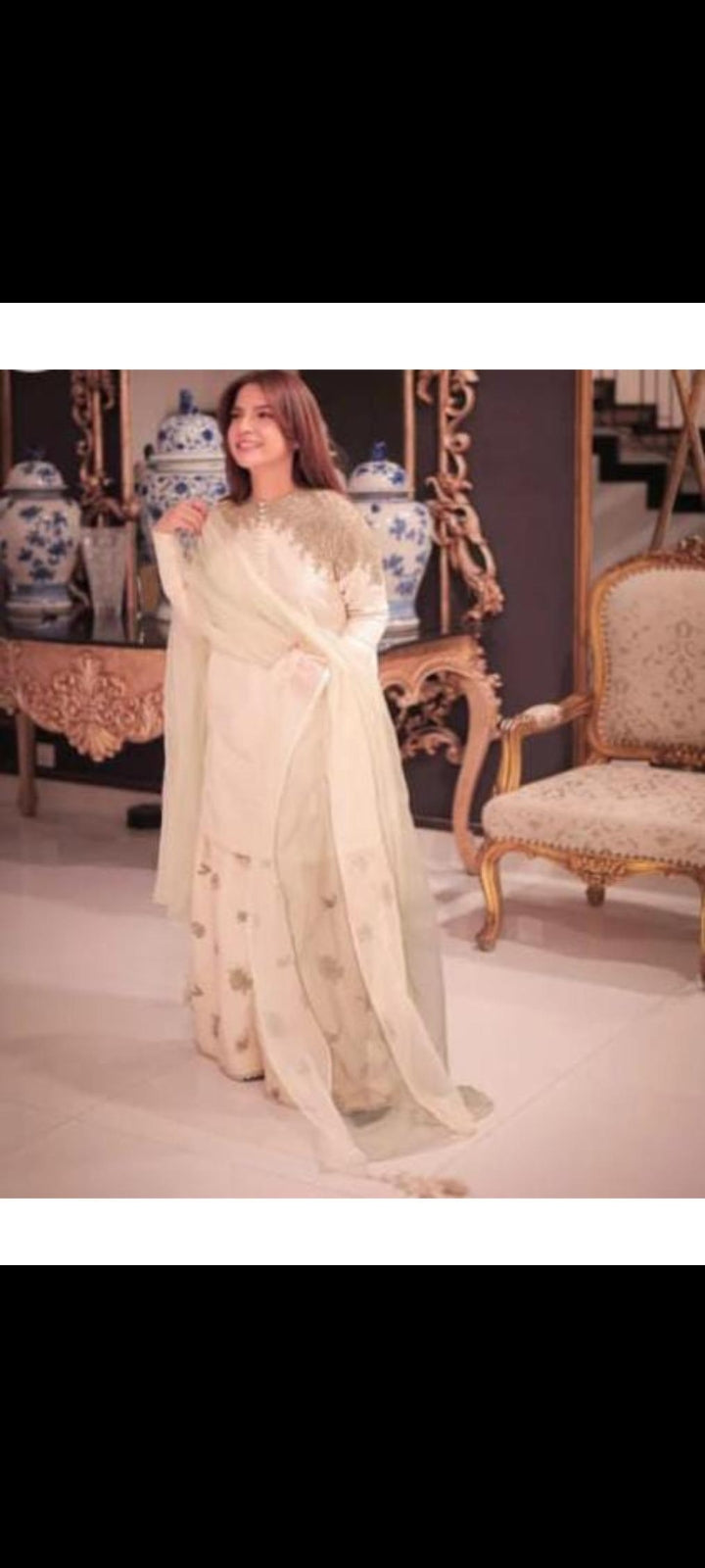 Embroidered linen suit set 3 pcs with chiffon supata