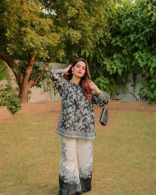 Elegant women's stitched raw silk shirt and trouser 2 pcs