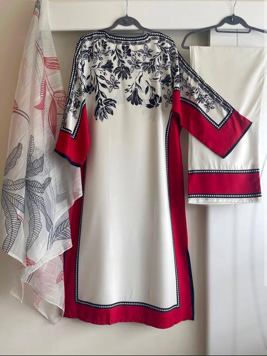 Stylish printed Arabic lawn suit 3 pcs in maroon